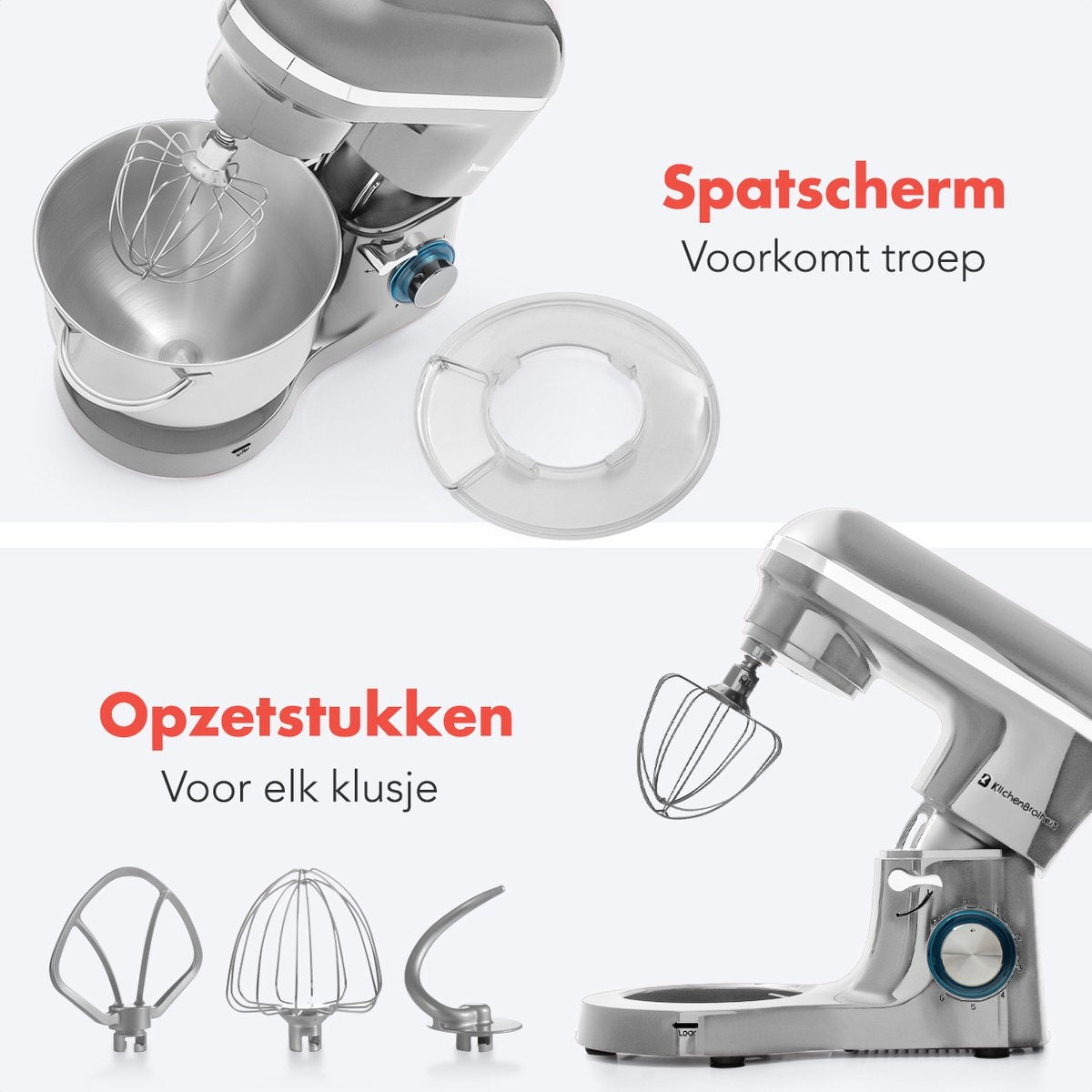 KitchenBrothers Keukenmachine & Mixer – 2000W – 6 Snelheden + Pulse – 6,2L RVS Mengkom – 38,7 x 23,8 x 31,4 cm – Zilver
