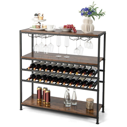 Costway 5 Traps Wijnrek - Glashouder en Planken - 100 cm x 35 cm x 101 cm - Rustiek Bruin