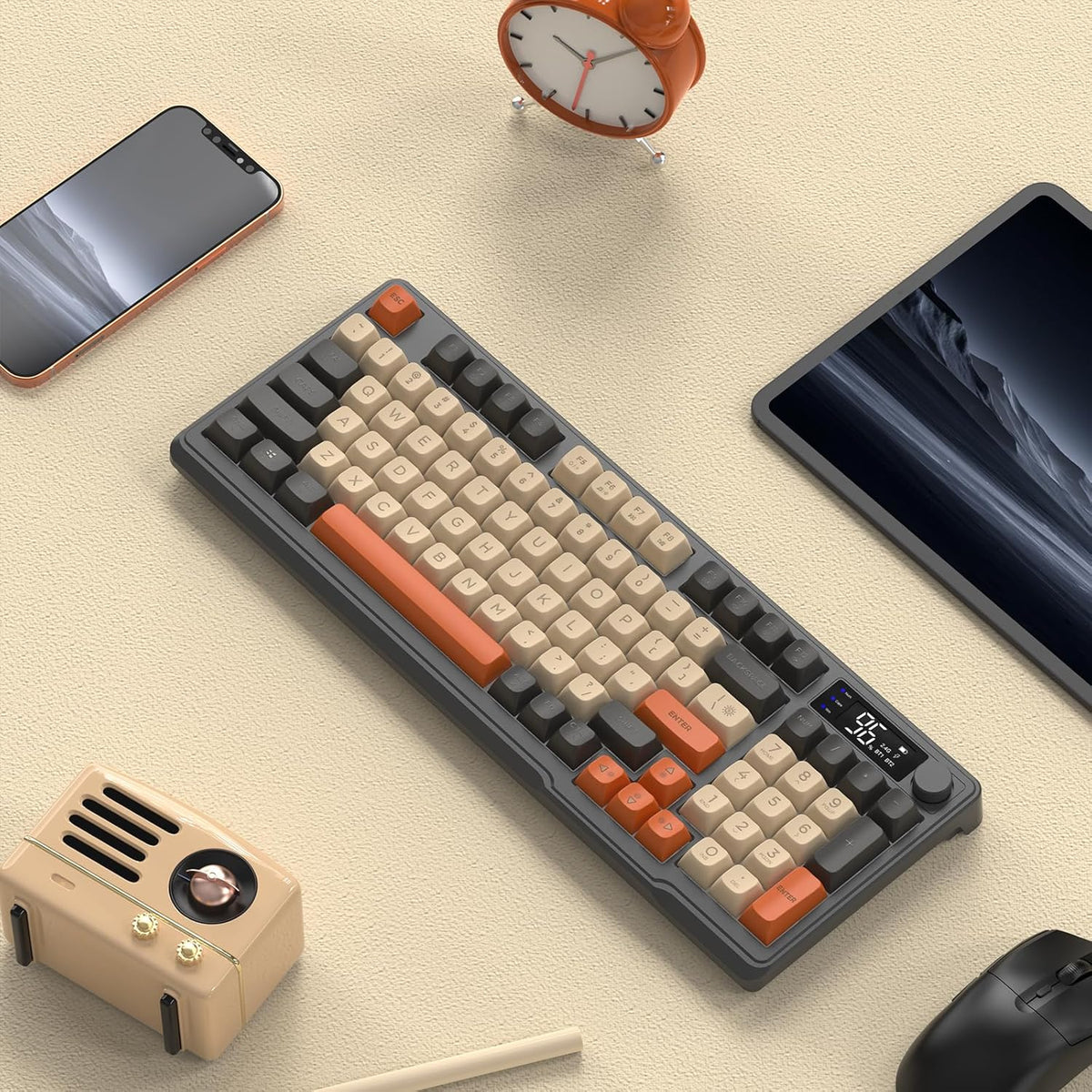 FREEWOLF M96 Draadloos Gaming Toetsenbord, Knop Bediening Bluetooth/2.4G Draadloos Mechanisch Gevoel Toetsenbord, RGB LED-Backlit met scherm, PBT Keycap, 3000mAh, US Layout voor Win/Mac-Flikkering