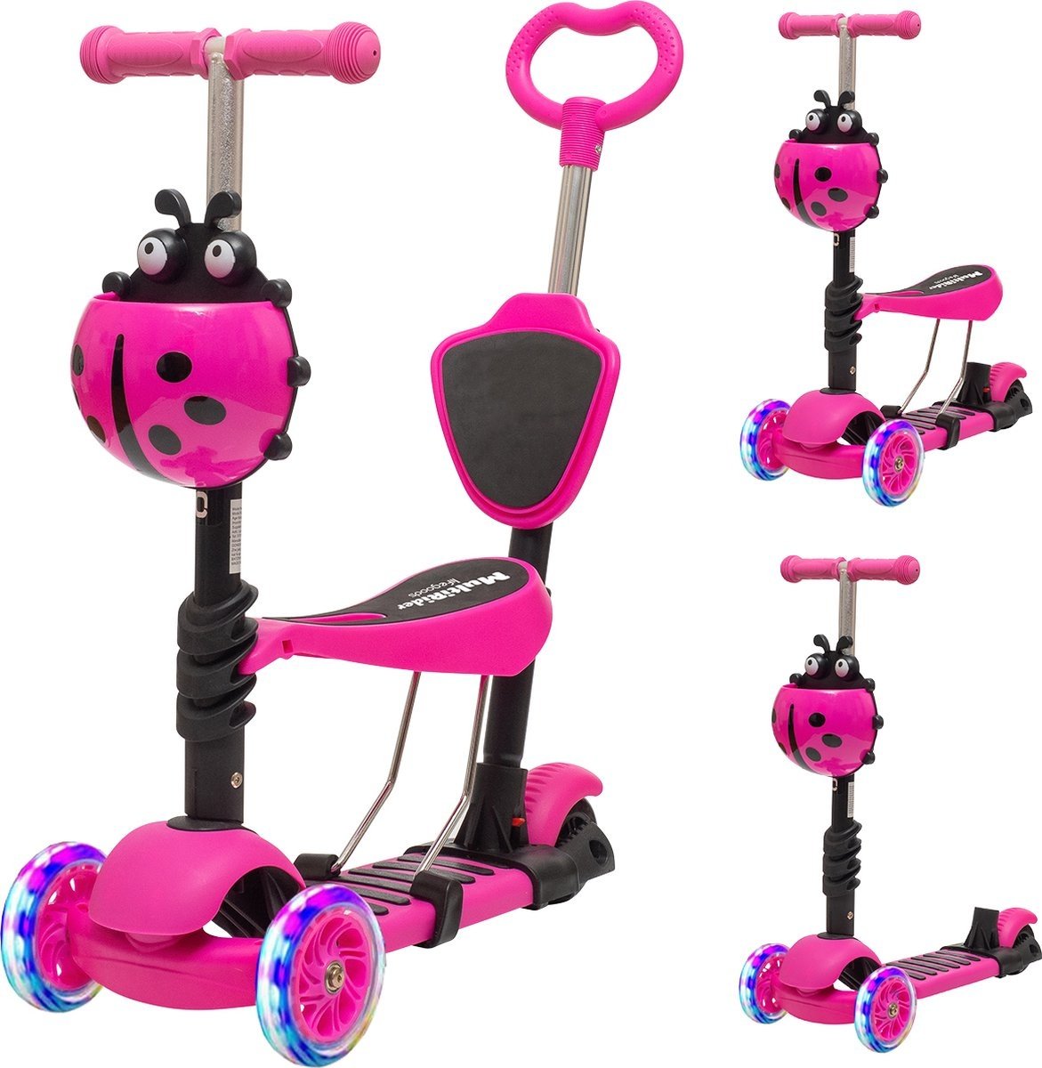 LifeGoods MultiRider - Kinderstep met Duwstang - 3 tot 8 Jaar - Jongens/Meisjes - 2 Lichtgevende Wielen - Roze