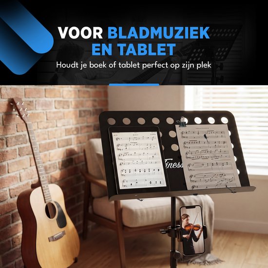 Finesse Muziekstandaard voor Bladmuziek met Telefoonhouder - XL - Opvouwbaar - met Draagtas - voor Tablet - Zwart