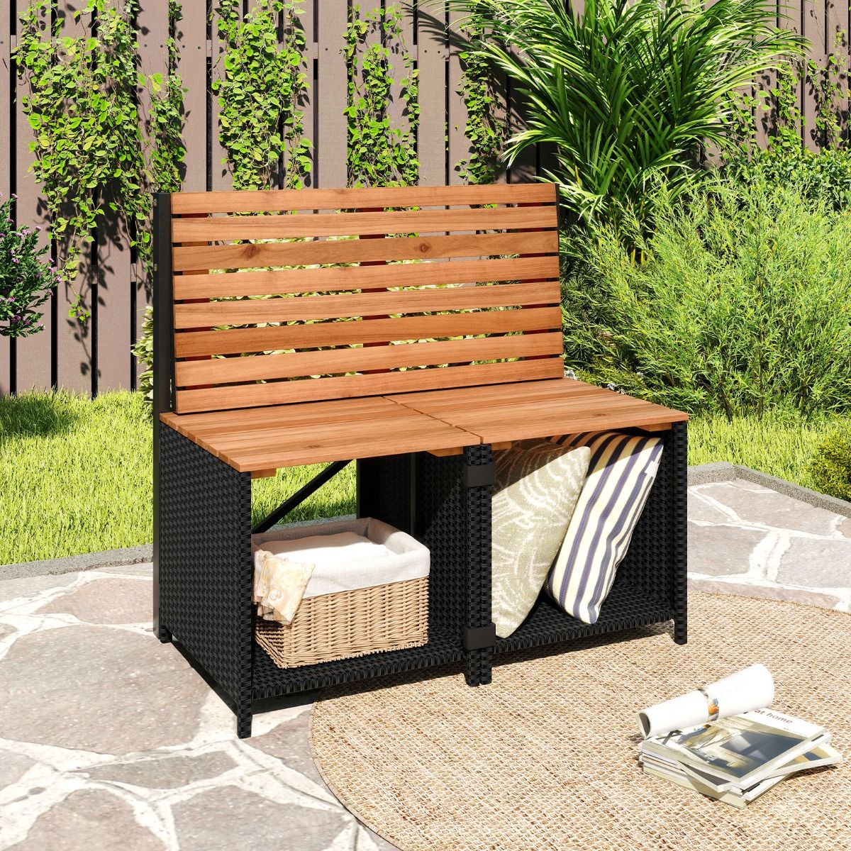 Coast 2-in-1 tuinbank en picknicktafel - omvormbaar balkonmeubel - met opbergruimte - zwart/naturel