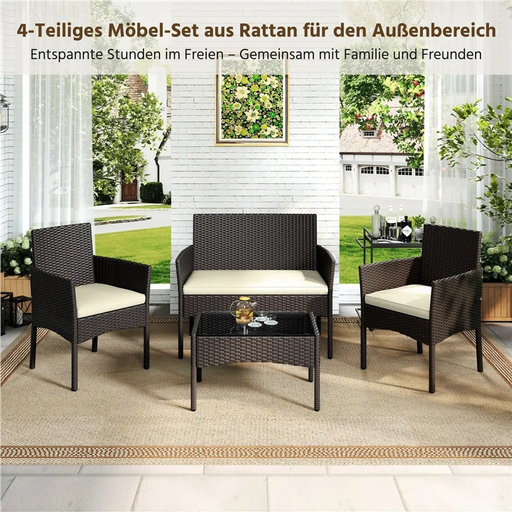 Yaheetech Polyrattan Loungeset 4-delig - Bruin/Beige - Tuinset met 2-zitsbank, 2 Stoelen en Tafel