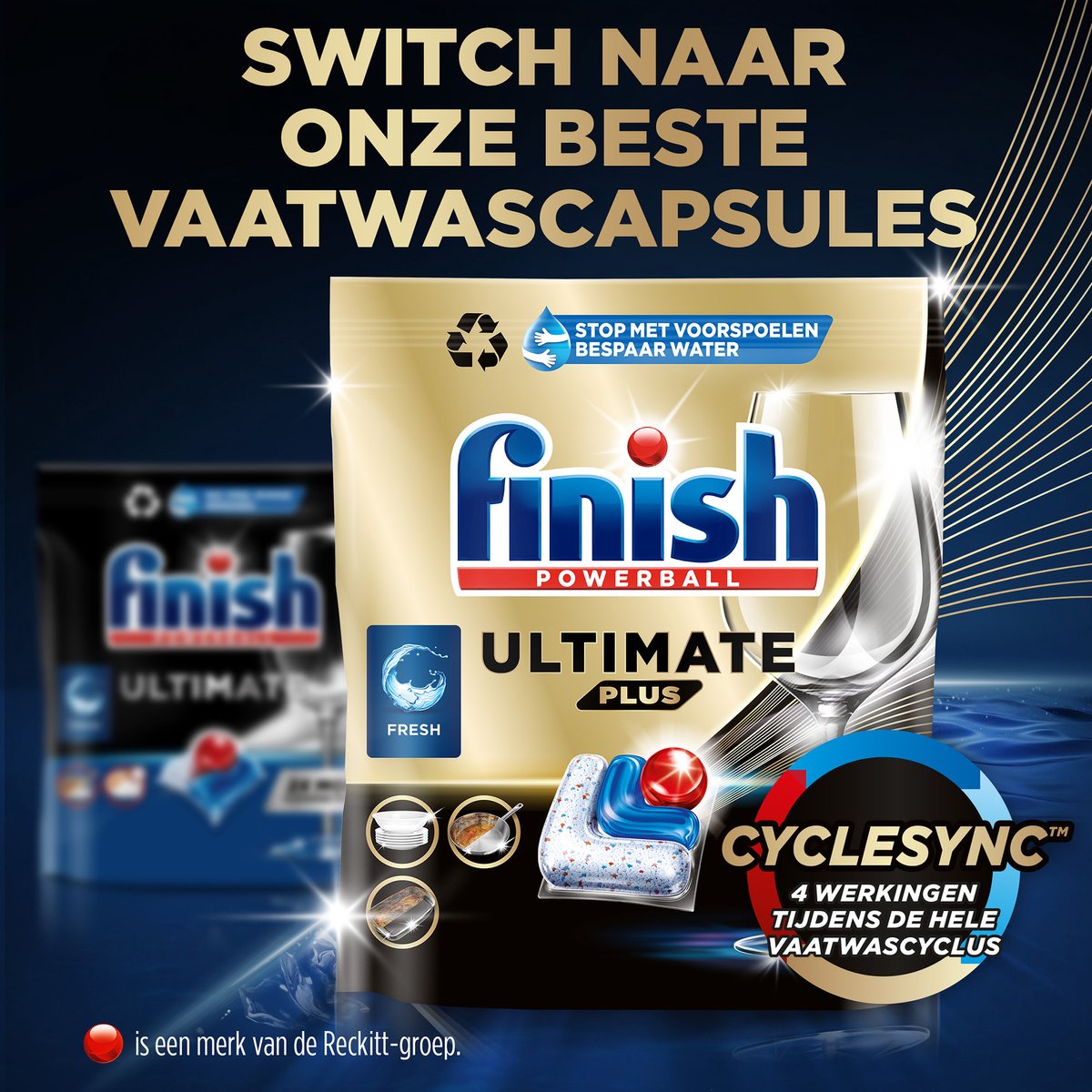 Finish Ultimate Plus All in One Vaatwastabletten Regular – 47 Capsules – 15,5 x 11 x 9 cm – Wit/Blauw