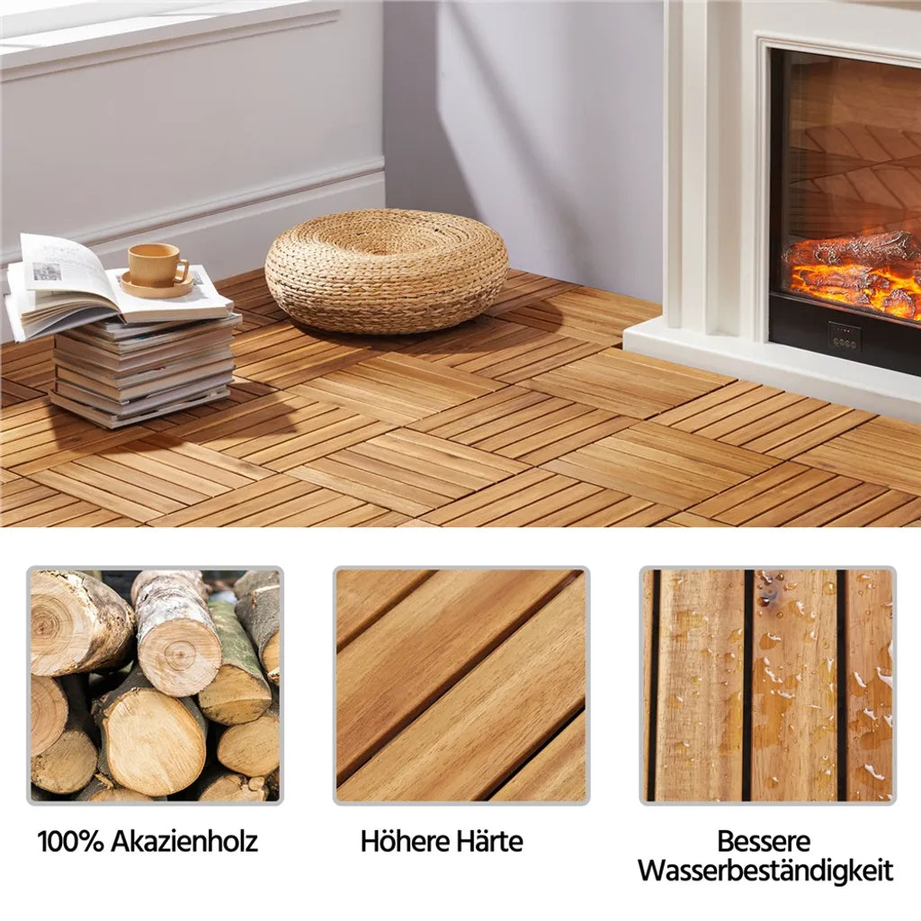 Yaheetech Terrastegels Acaciahout – Set van 10 – 31 x 31 cm – Kliksysteem – 0,96 m²