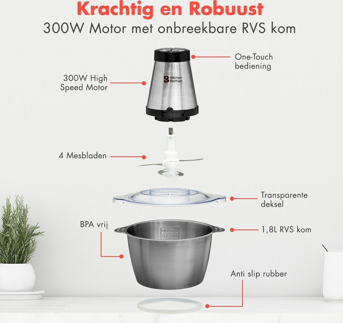 KitchenBrothers Hakmolen - Food Chopper - Elektrisch - 2 Snelheden - 300 W - 1,8 L - RVS Kom