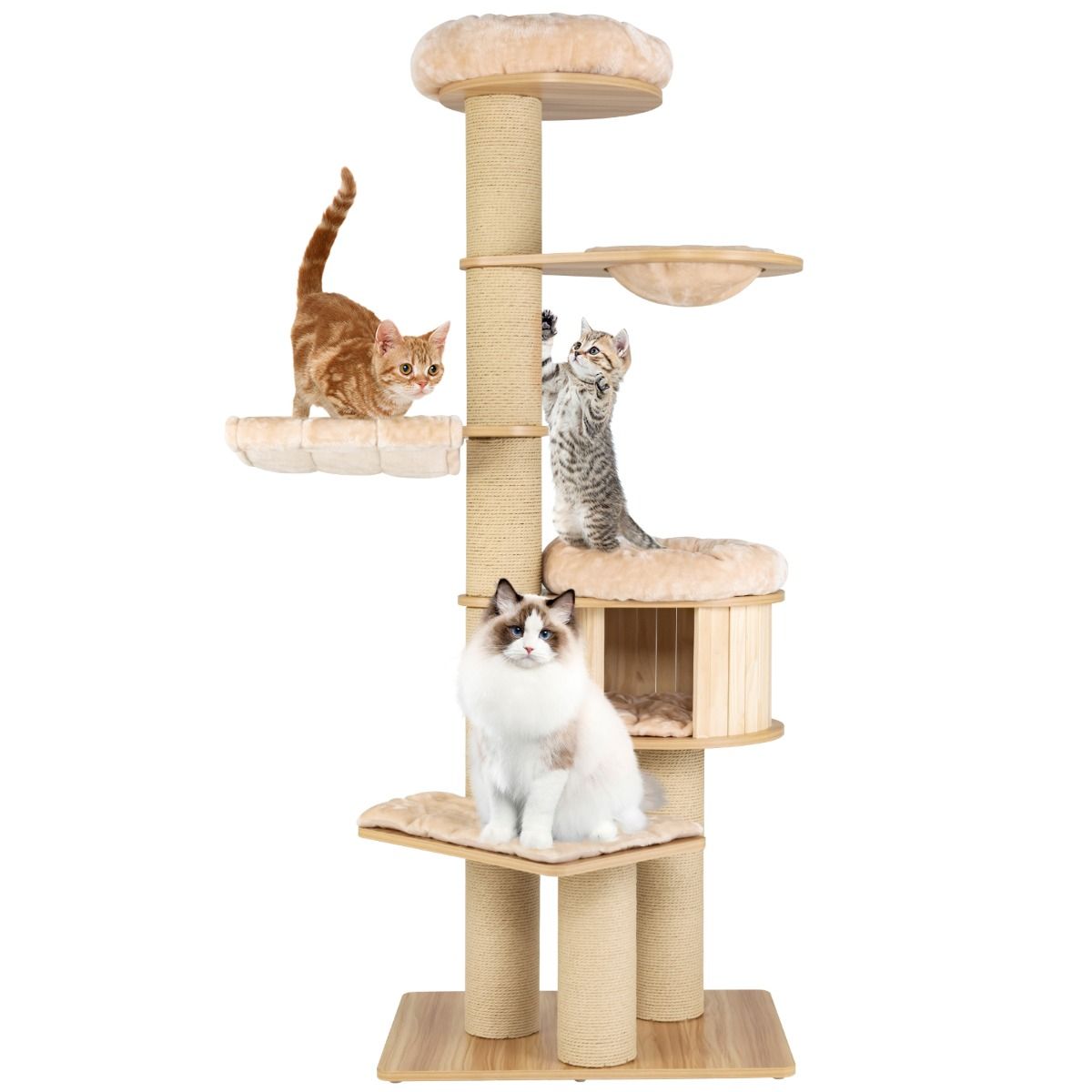Coast Kattenklimrek - Meerdere niveaus - Krabpalen en hut - Hangmat en wasbare matten - Beige 75 x 56 x 191 cm
