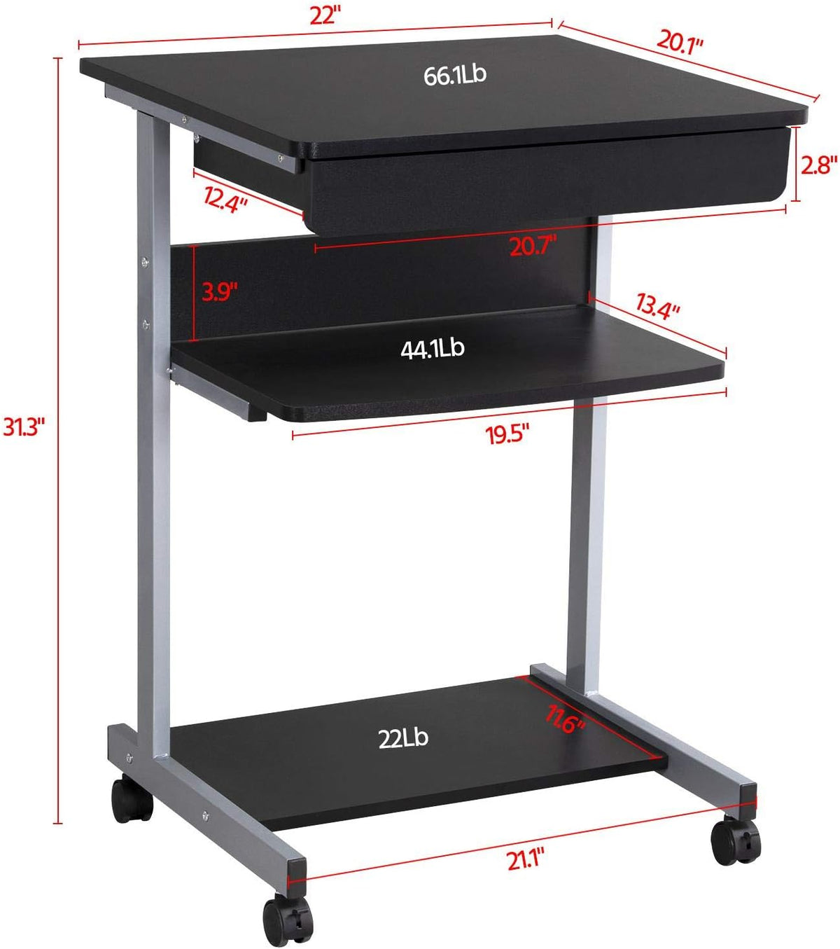 Yaheetech klein Mobiel Computerbureau 56 x 51 x 80 cm - Zwart - met wielen