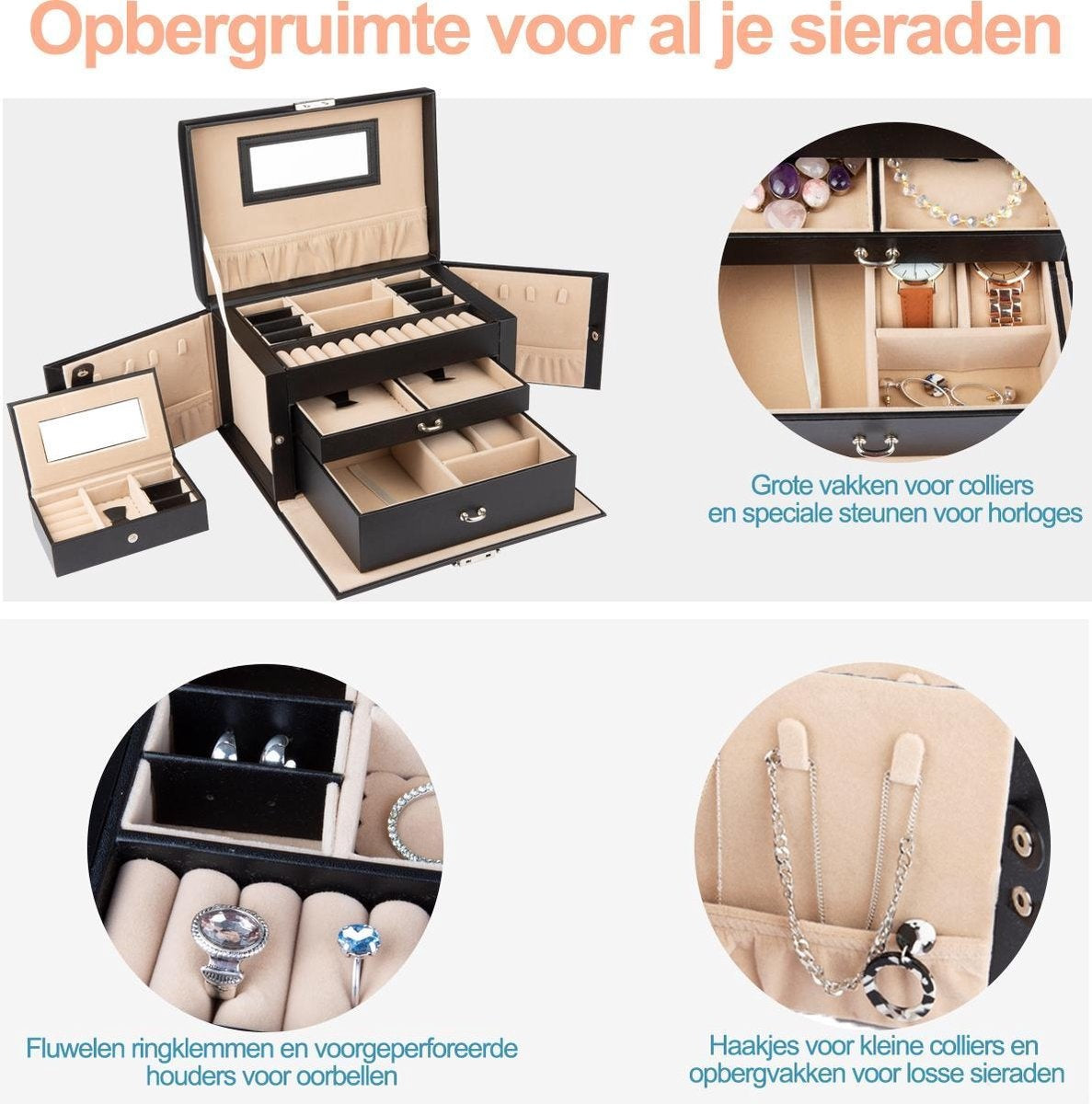 LifeGoods Sieradendoos XL - Juwelendoos - 20 Vakken - Zwart/Beige