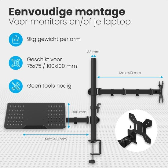 Auronic Monitor Arm - 2 Schermen - 13 tot 27 Inch - Verstelbaar - Staal - Zwart
