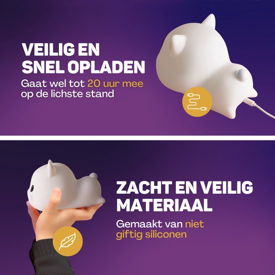 Vulpes Goods® Nachtlampje Kinderen - LED Licht & 8 Kleuren – Nachtlampje Babykamer – Poes – USB-Oplaadbaar – Dimmer – Timer – Draadloos - Kindvriendelijk