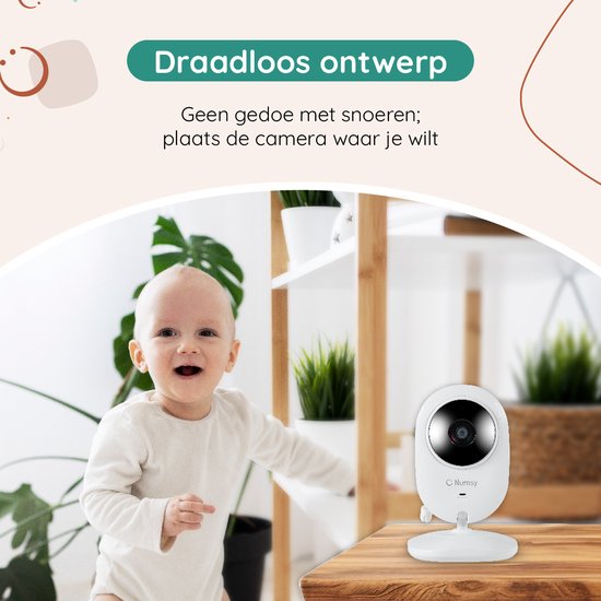 Numsy Babyfoon – Met Camera, Nachtzicht & Terugspreekfunctie – 300 m bereik – 10 x 10 x 4 cm – Wit