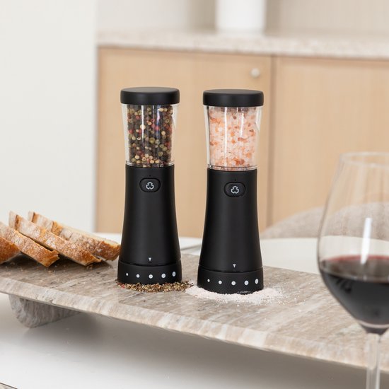 Deleca Elektrisch Peper en Zoutmolen Set Gustaro - 130ml Opslag Capaciteit - Luxe Zout & Pepermolen Stel - Instelbare Maalgraad - USB Oplaadbaar / Zwart