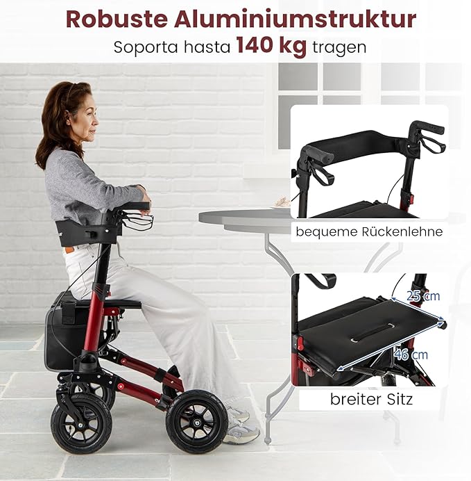 Coast Opvouwbare Rollator Rood – Lichtgewicht 2-in-1 Reisrollator met Zitje en Luchtbanden – 62 x 82 x 81,5-97 cm