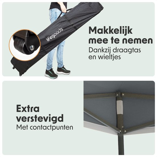 LifeGoods Partytent - Paviljoen - Easy Up - Opvouwbaar - Waterdicht - Met Draagtas Met Wieltjes - 300 x 600 cm - Donkergrijs