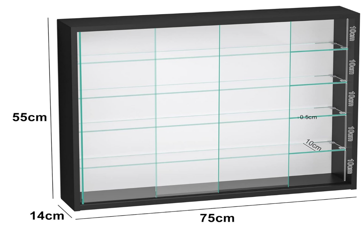 VDD Vitrine - Wandvitrine met Schuifdeuren - 75 x 55 x 14 cm - Zwart