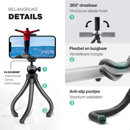 LURK® 3 in 1 Flexibele Octopus Tripod statief voor smartphone & (actie)camera - Incl. telefoonklem en bluetooth afstandsbediening - 25 cm
