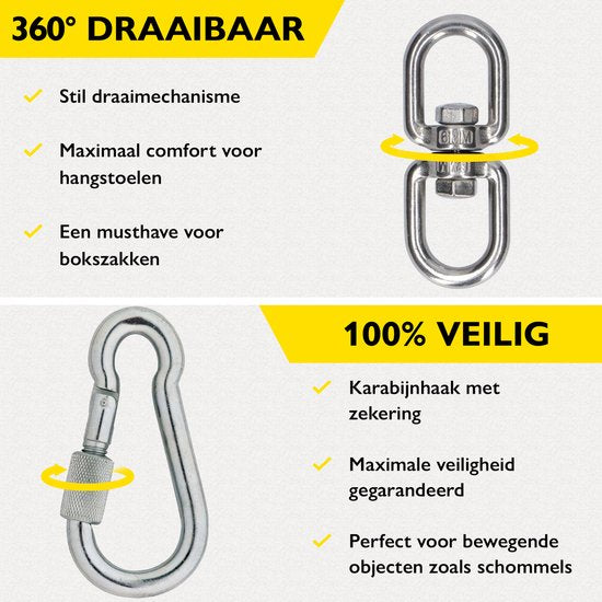 Zoluko RVS Ophangsysteem - 300 KG Draagkracht - 360° vrij draaibaar - Geluiddempende Veer - Bokszak Ophangsysteem - Plafondbeugel - Plafondhaak - Ophanghaak - Schroefhaak - Chroom