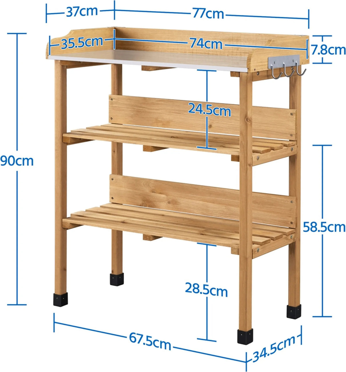 Planttafel voor Buiten met Gegalvaniseerd Werkblad 3 Planken en 3 Haken Houtkleur