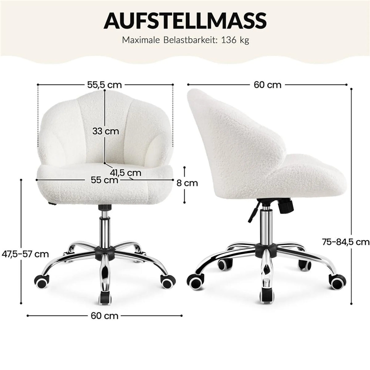 Yaheetech Elegante Draaistoel met Schelpdesign 76,5-86 cm – Schneeweiß – Polyester en Metaal