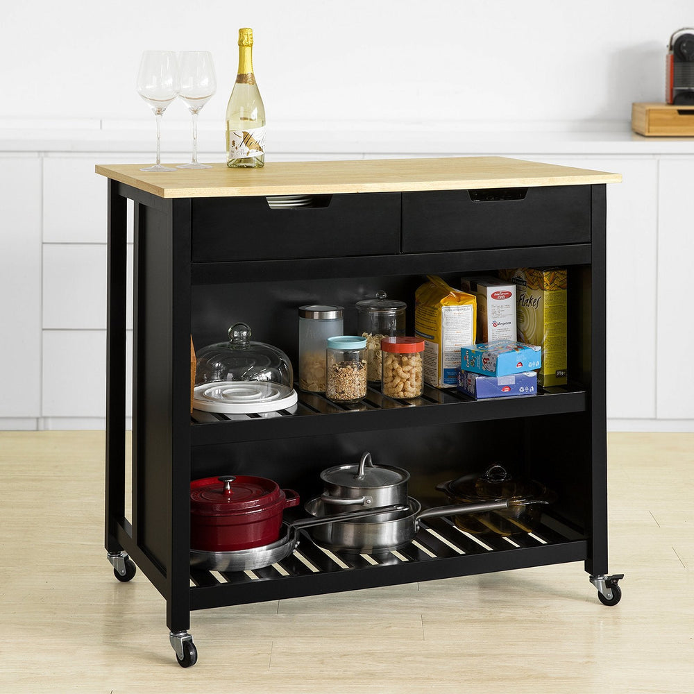 SoBuy  Keukentrolley op Wielen FKW74-SCH - 2 Lades & 2 Planken - 100x94x60 cm - Zwart
