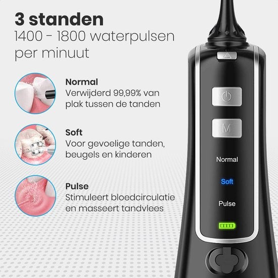 Auronic Waterflosser - Elektrisch - Monddouche - 3 Standen - 4 Opzetstukjes - 300 ml - Zwart