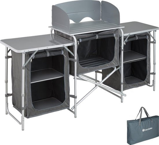 tectake® - Campingkeuken 172x52x104cm - Opvouwbaar - Afsluitbare compartimenten - Stevige werkbladen - Incl. windscherm- grijs