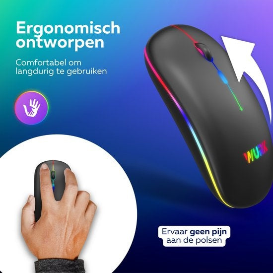 Wurk Draadloze RGB Muis – Oplaadbaar – Bluetooth 4.0 – 2.4GHz – USB – Draadloos – Computermuis – Laptop – PC – Zwart