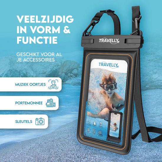 Travelly® Luxe Waterdicht Telefoonhoesje – Universeel Onderwater Hoesje voor Smartphone – Geschikt voor alle telefoons – Drybag – Voor Vakantie, Zwemmen & Watersport - Zwart