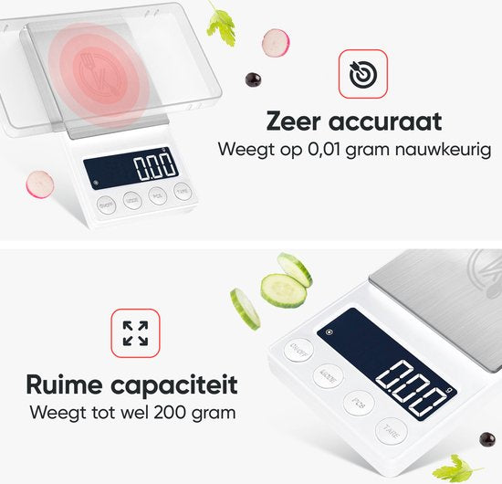 Kitchenwell digitale mini precisie keukenweegschaal wit - 0,01 tot 200 gram - 14.2 x 7.5 cm - pocket scale op batterij - weegschaal keuken