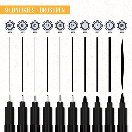 NAPI 10 Fineliners Zwart Incl. Brush Pen & Liniaal - 0,2 tot 3mm - Pennen Zwart - Bullet Journal Accessoires - Tekenpennen Set