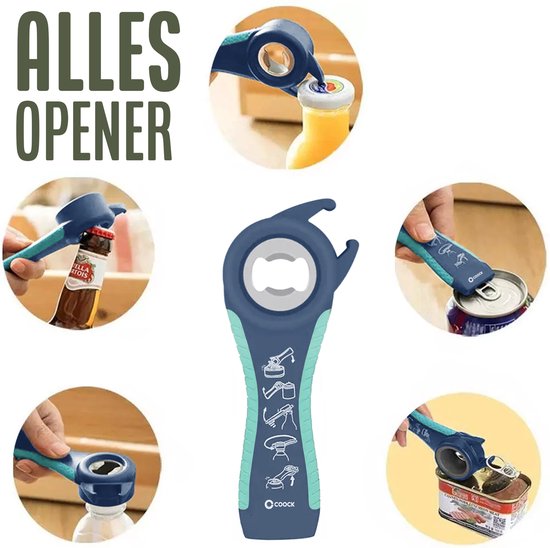 COOCK - Allesopener - Multifunctionele Opener - 7-in-1 Potopener - Keuken Hulp - Flesopener - Bieropener - XL Dekselopener voor potten - Pottenopener - Hulpmiddelen voor Ouderen - Blauw