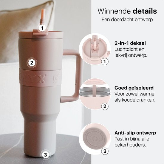 ONYX Drinkfles met Rietje 1 Liter - Waterfles voor Kinderen & Volwassenen - Thermosbeker RVS Travel Mug - Motiverende Drinkbus - Drinkbeker voor School - Candy Pink