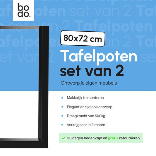 Bodo® - Stalen Onderstel Tafel - Tafelpoten - Set van 2 - U poot 80x72 cm - Mat Zwart