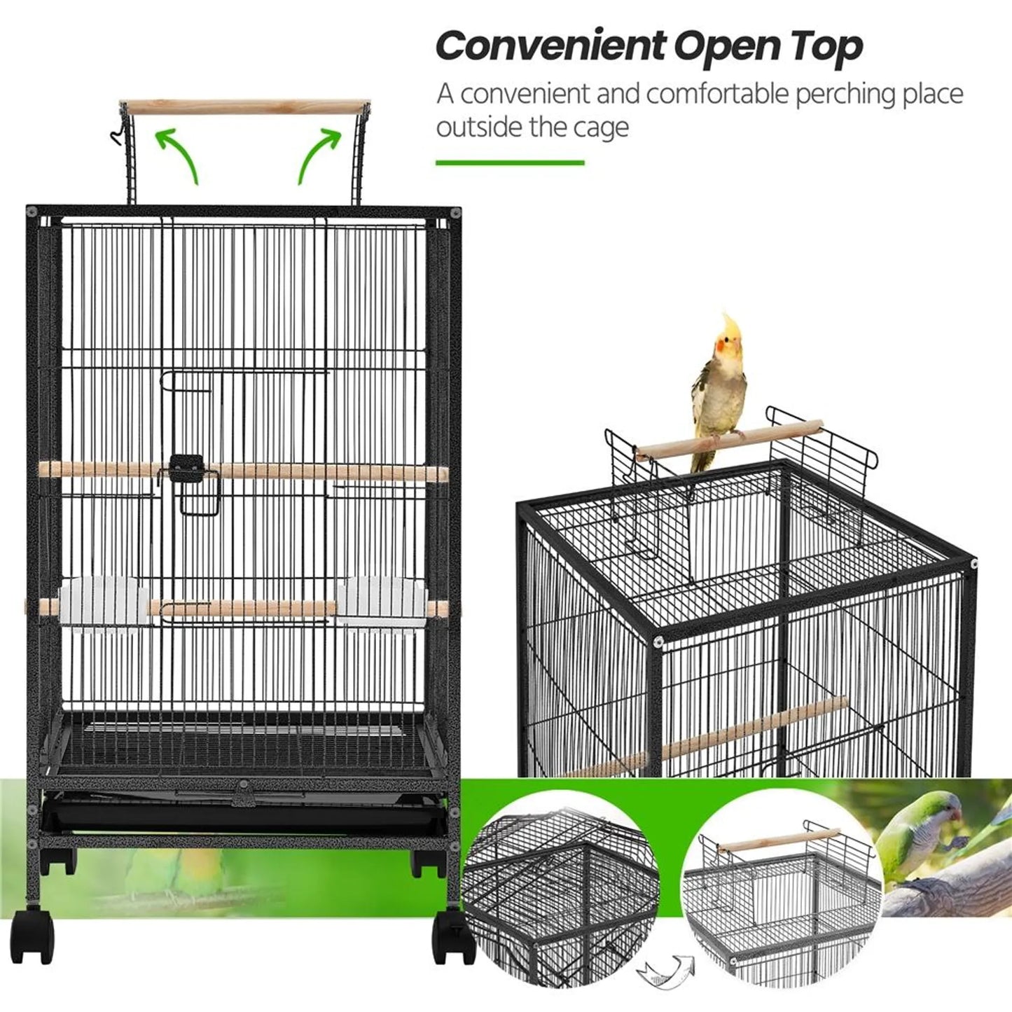 Yaheetech Vogelkooi Met Open Dak – 45,5 x 45,5 x 79 cm – Voorzien Van Verwijderbare Wielen En Uittrekbare Bodemlade En Gehamerde Poedercoating – Voor Grasparkieten En Kanaries – Zwart Metaal En Hout