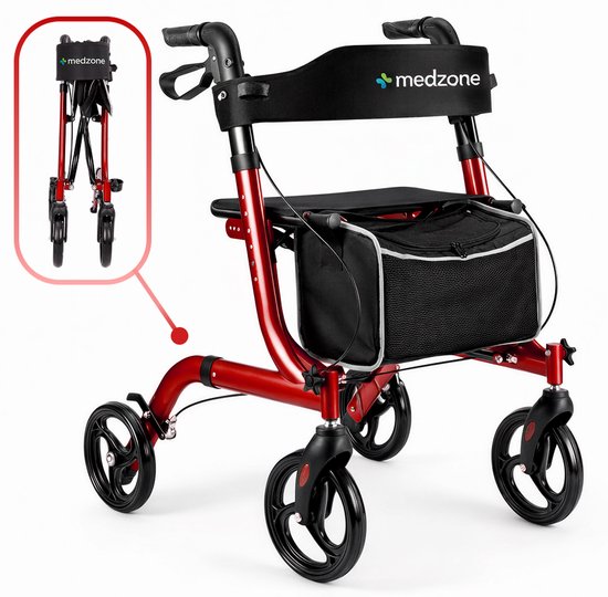 Medzone Rollator Lichtgewicht en Opvouwbaar - Zitfunctie - Binnen en Buiten - Rugleuning en Wandelstok Houder - Champagne - Rood