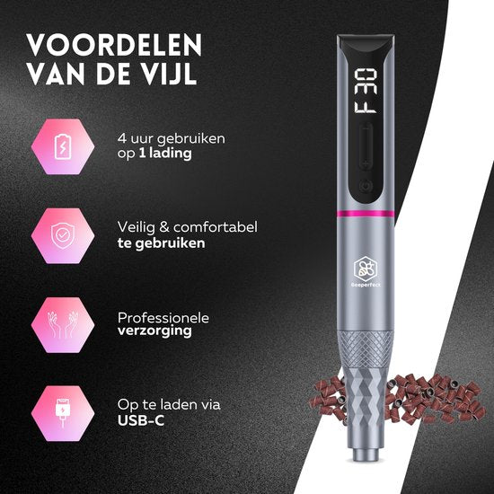 Beeperfect® Draadloze Elektrische Nagelvijl Pro Edition - Nagelfrees - Manicure en Pedicure set - Oplaadbaar - 11 Bitjes en 60 Schuurrolletjes - 30.000RPM