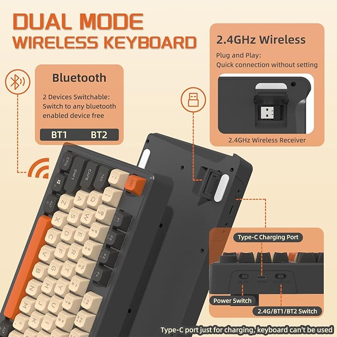 FREEWOLF M96 Draadloos Gaming Toetsenbord, Knop Bediening Bluetooth/2.4G Draadloos Mechanisch Gevoel Toetsenbord, RGB LED-Backlit met scherm, PBT Keycap, 3000mAh, US Layout voor Win/Mac-Flikkering