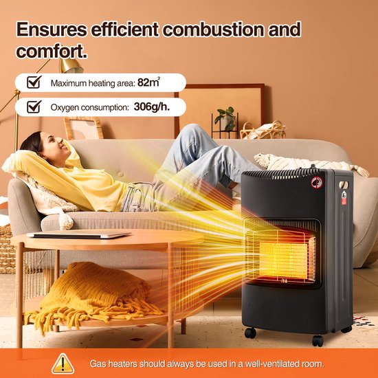 Gasverwarming 4,2 KW gaskachel opvouwbare gaskachel inclusief oververhittingsbeveiliging en kantelbeveiliging, piëzo-ontsteker, 306 g/h gasverbruik