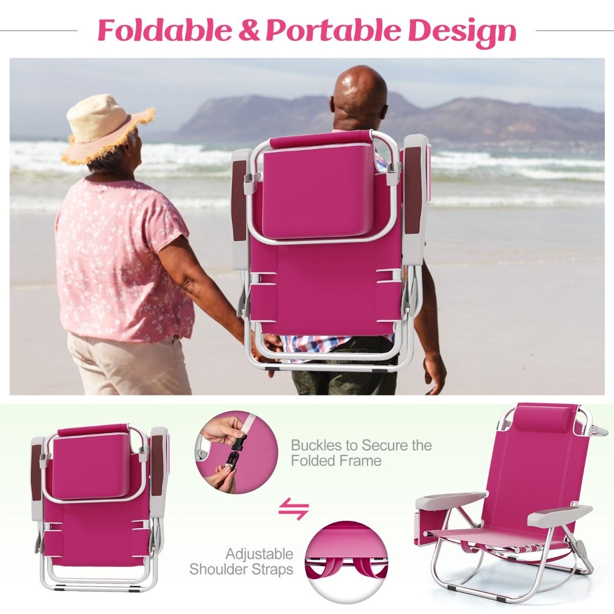 Coast Strandstoel Verstelbare Rugleuning 5-Standen Opvouwbare Ligstoel met Bekerhouder en Opbergvakken Roze 66x65x78 cm – 2 Stuks