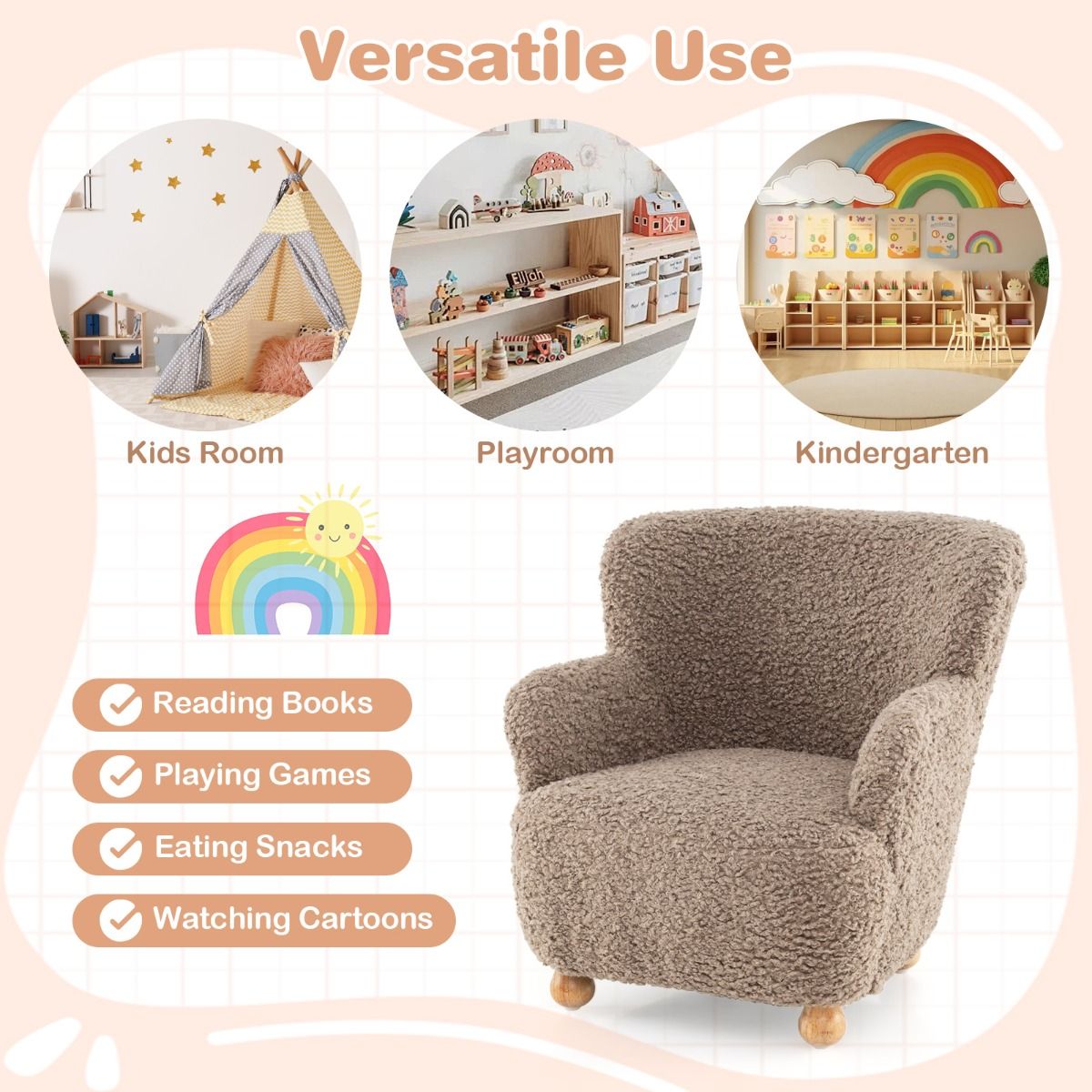 Coast Kinderfauteuil met rugleuning - houten poten - gestoffeerde kinderstoel - lichtbruin