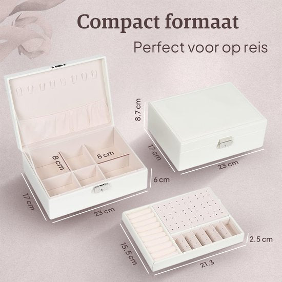 Vimora Sieradendoos met extra verdieping - Wit - Juwelendoos - Sieradenkistje - Voor Volwassenen, Meisjes, Heren & Dames - Geschikt Voor Kettingen, Oorbellen, Armbanden & Ringen