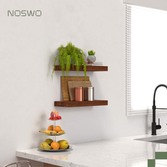 Noswo Zwevende Wandplank - Set van 2 met 15 kg Laadvermogen - Massief Mango hout - Muurplank - 43x16,8 x4 cm - Te gebruiken als Wandplank, Boekenplank en Fotoplank - Inclusief Bevestigingsmateriaal