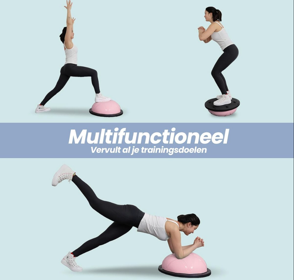 DH FitLife Balansbal – Yoga Balanstrainer Ø60 x 22 cm – Tot 200 kg Belastbaar – Halve Gymbal / Fitness Balance Board – Inclusief Pomp & 2 Fitnessbanden – Roze