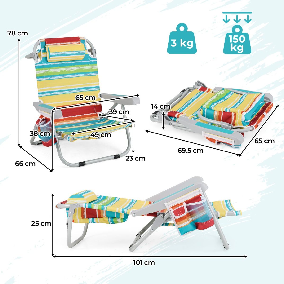 Strandstoel met Verstelbare Rugleuning 5 Standen Opvouwbaar met Bekerhouder en Opbergvakken Multicolor