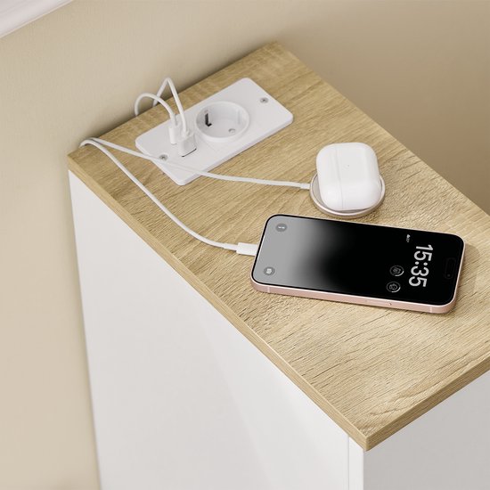 SoBuy 2-delige Slim Nachtkastje met Oplaadstation, Smal Bijzettafeltje met Standaard Stopcontact, USB-poort en Type-C Poort voor Slaapkamer en Woonkamer, B20 x D35 x H60 cm, Wit, FBT111-E-WNx2