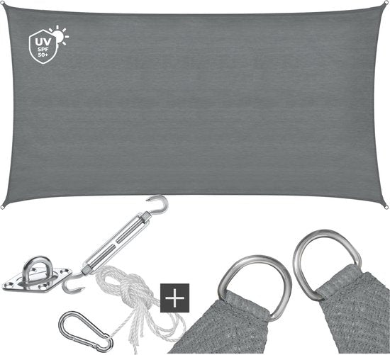 tectake® Rechthoekig Schaduwdoek Sunny - 2 x 4 m - Extra Stevig 185 g/m² HDPE Zonwering Doek - 50+ UV Bescherming - Weerbestendig en Scheurbestendig - Zonnescherm voor Tuin, Balkon, Terras - Zonnedoek inclusief Montagemateriaal - Grijs