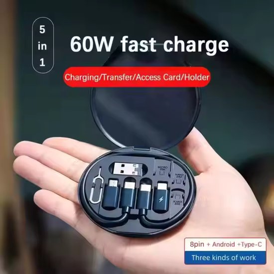 Mini Multifunctionele 5-in-1 USB Kabelset met Telefoonhouder en SIM-kaart Ejector Tool - 60W Snellader - USB-C Kabel & USB-C Adapter - USB naar USB-C - USB naar iPhone - USB-C naar USB-C - USB-C naar iPhone - USB-C naar Micro - Compacte Opslagbox.