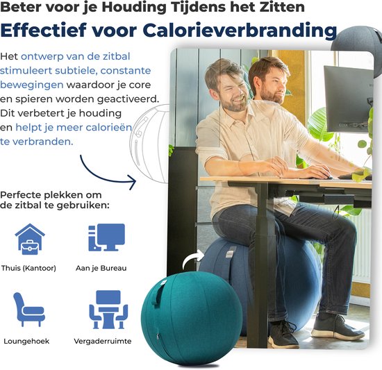 Backerz Zitbal 65 CM - Zitballen met Hoes Linnen - Ergonomische Bureaustoel Kantoor en Thuis - Luxe Yoga Bal - Groen Blauw