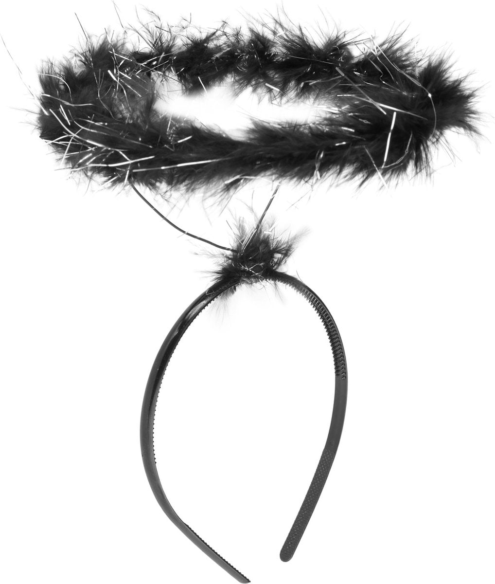 Dressforfun - Aureool Zwart - Pluizig Diadeem Accessoire voor Halloween, Carnaval & Feest - Maat L